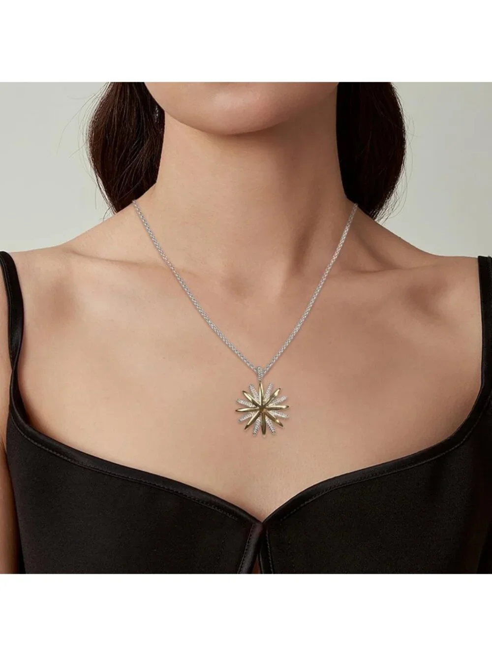 18K Gold Plated Two Tone Wheat Chain Necklace with Starburst Sunflower Pendant